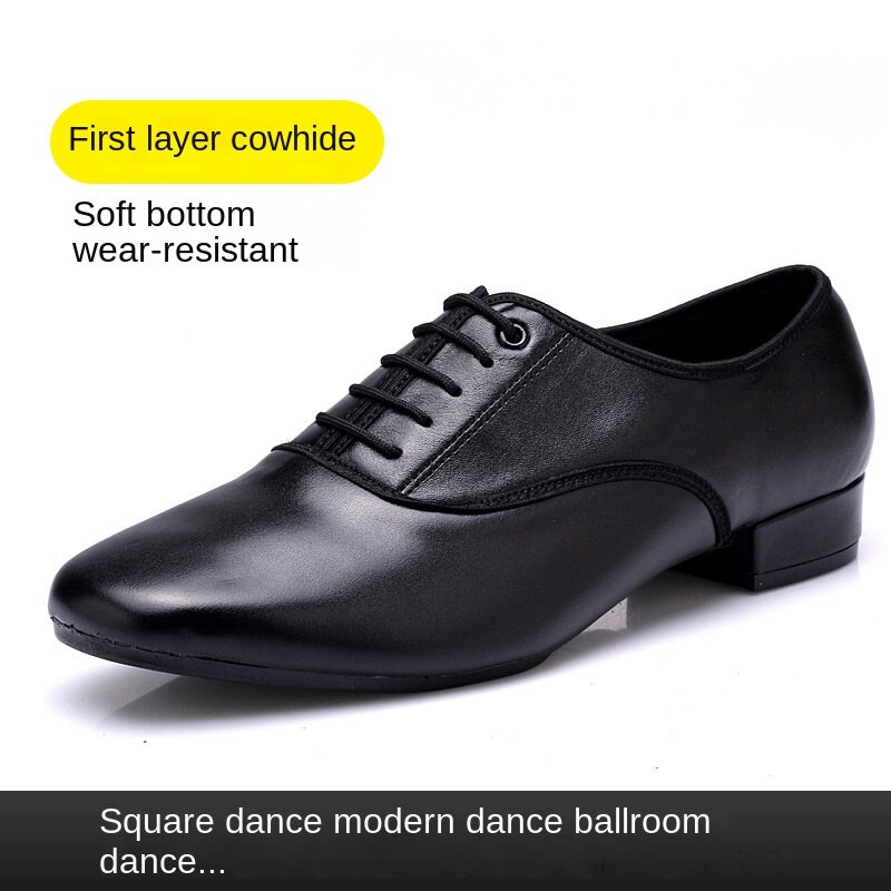 Sapatos de dança de couro masculino, Sapatos quadrados para adultos, National Standard, Fundo macio real, Moderno, Adulto, Pa