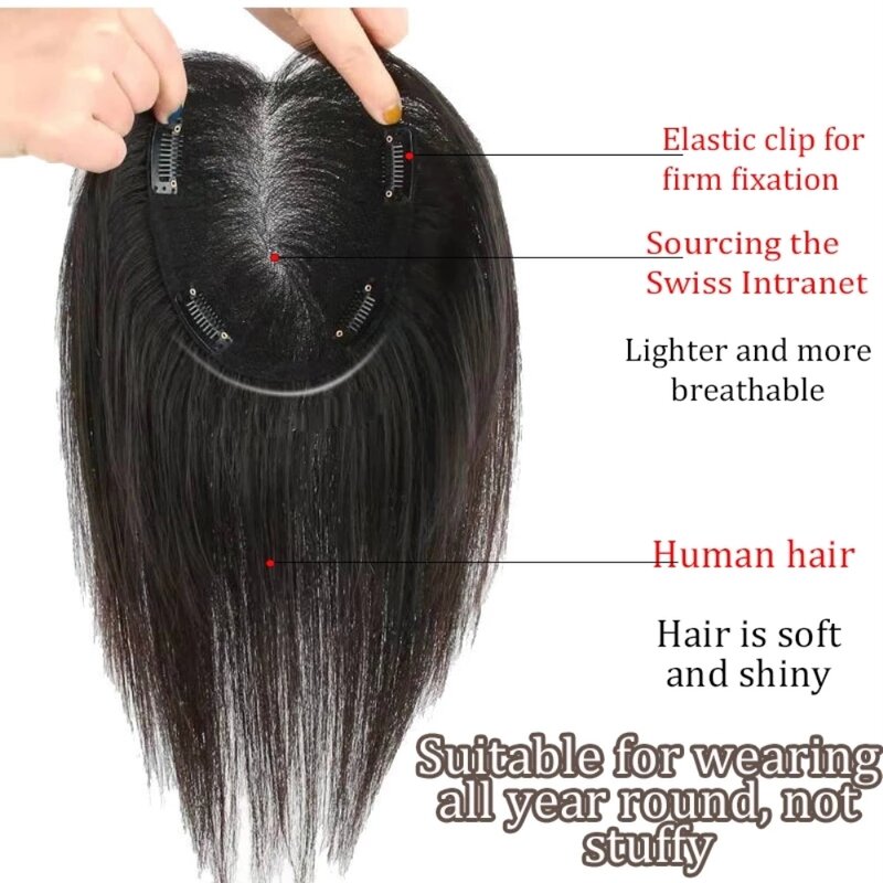 Topper de cheveux humains de base de dentelle suisse respirante pour les femmes, frange d'air, attaché à la main, dentelle noire, toupet avec clips, morceau de cheveux fins
