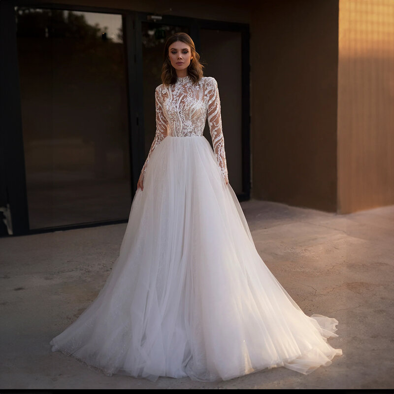 High Neck Appliques Lace Tulle Wedding Dress for Women Long Illusion Sleeve Court A-line Wedding Bridal Gown robe de mariée