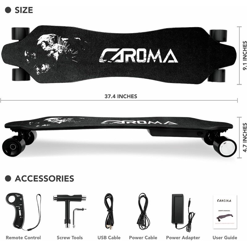 Caroma-大人と10代のためのリモコン付き電動スケートボード、350Wハブモーター、12.4 mph、最高速度、13マイル、10代