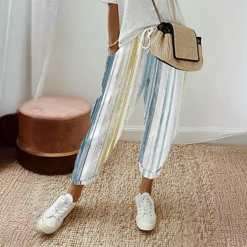 Women Vertical Stripe Pants Striped Loose Fit Trousers Striped Printed Loose Fit Pants with Adjustable for Women for Leisure