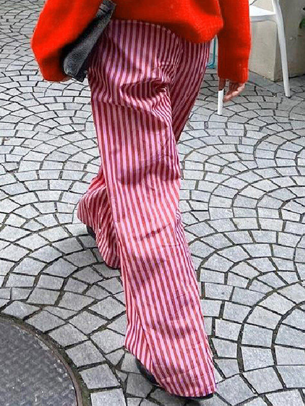 Women Y2k Striped Pants Wide Leg Stripes Print Lounge Pants High Waist Button Down Striped Pajama Pants Trousers