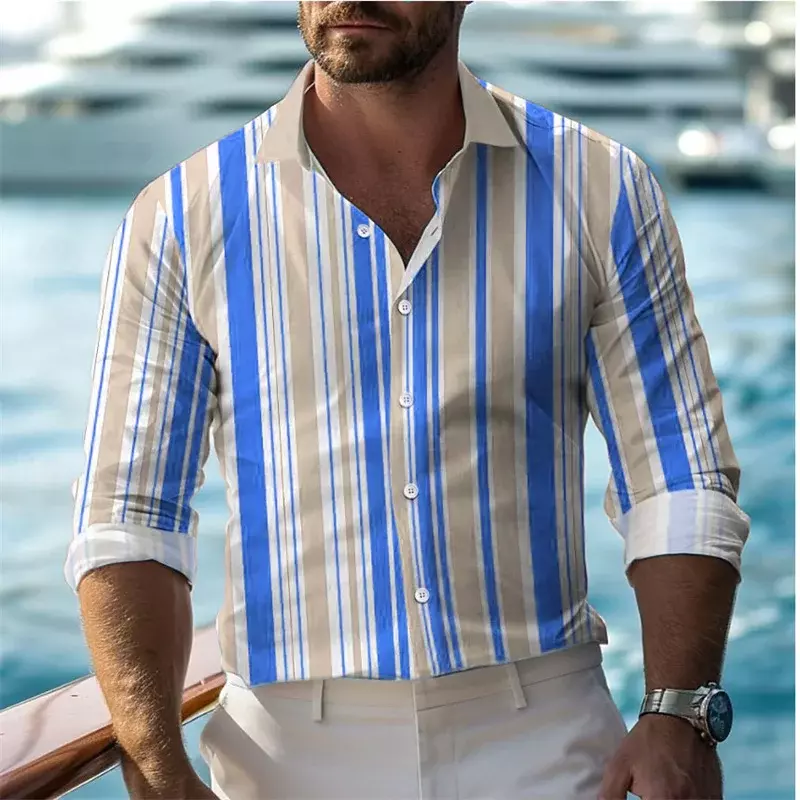 Camicia a maniche lunghe stampata a righe 3D da uomo, abbigliamento casual in tessuto confortevole per le vacanze al mare hawaiano, estate, 2024