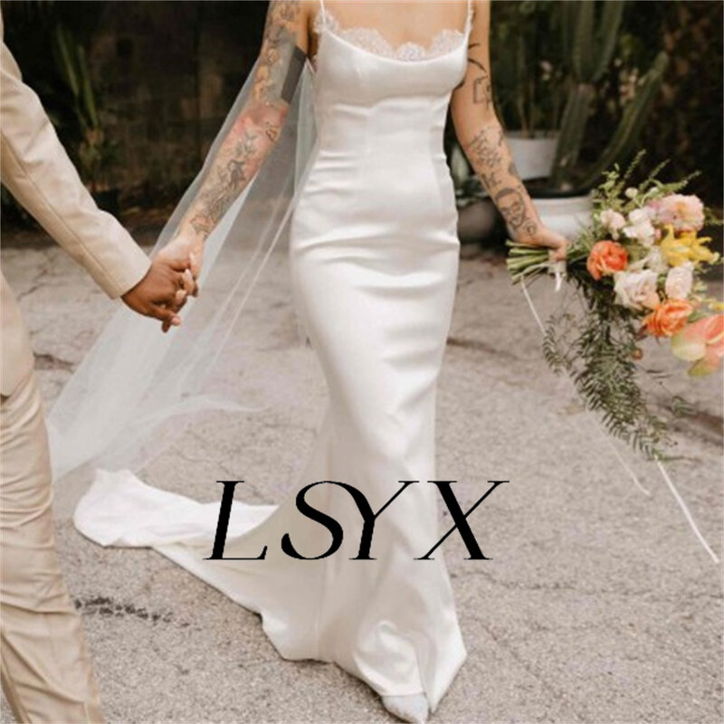 LSYX gaun pernikahan putri duyung Satin renda tanpa lengan leher persegi untuk wanita gaun pengantin kereta punggung terbuka buatan khusus