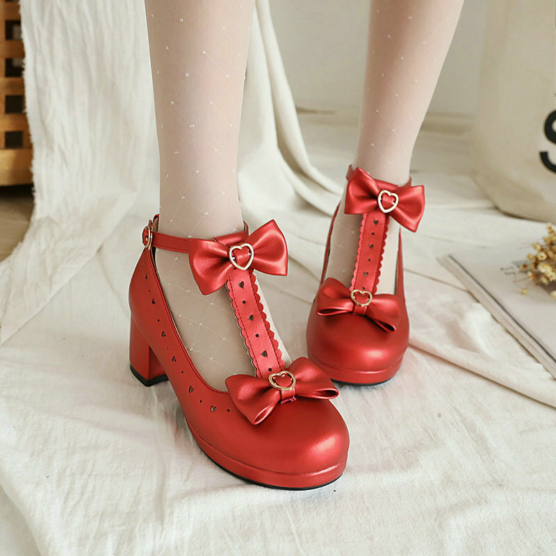 女の子のためのプリンセススタイルのヒールの靴,女性のための赤い弓の丸いつま先の靴,Lolita Size30-43
