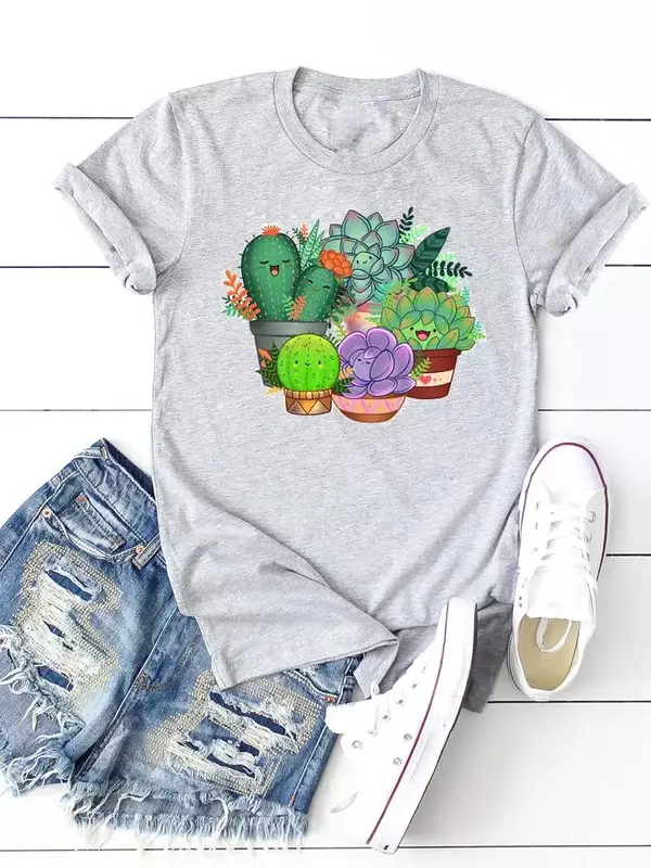 Camiseta de manga curta feminina com estampa anos 90 doce e adorável cactus, moda feminina casual, top gráfico feminino