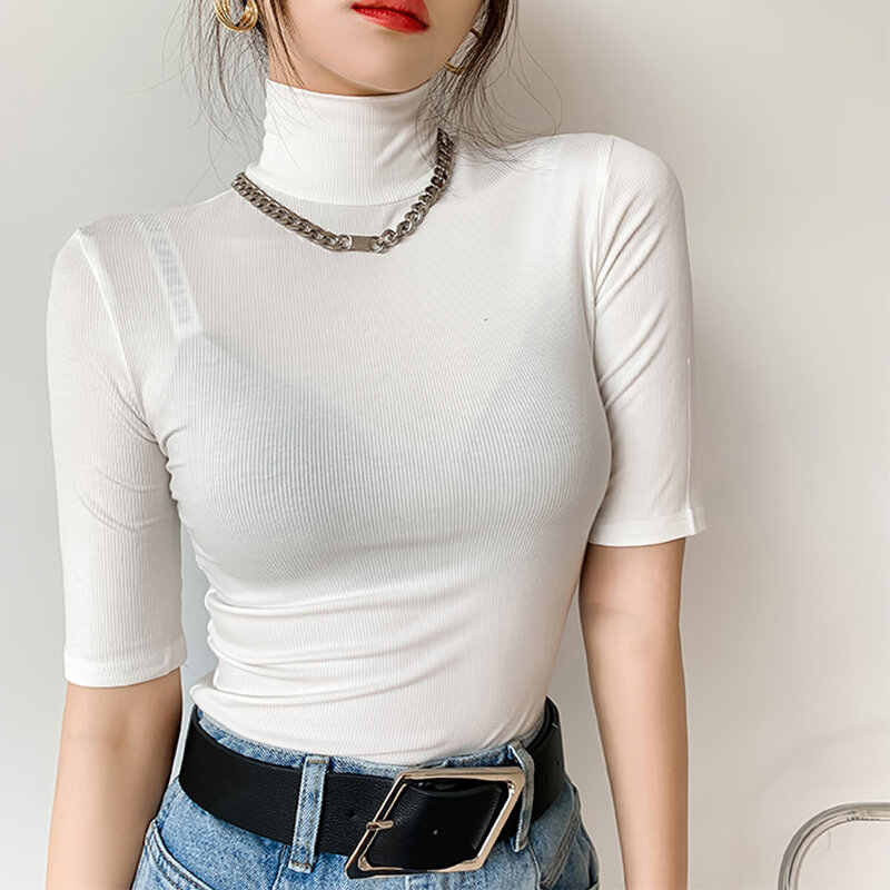 Camiseta de gola alta de algodão branca feminina, camiseta fina básica, manga curta, elasticidade casual feminina, top