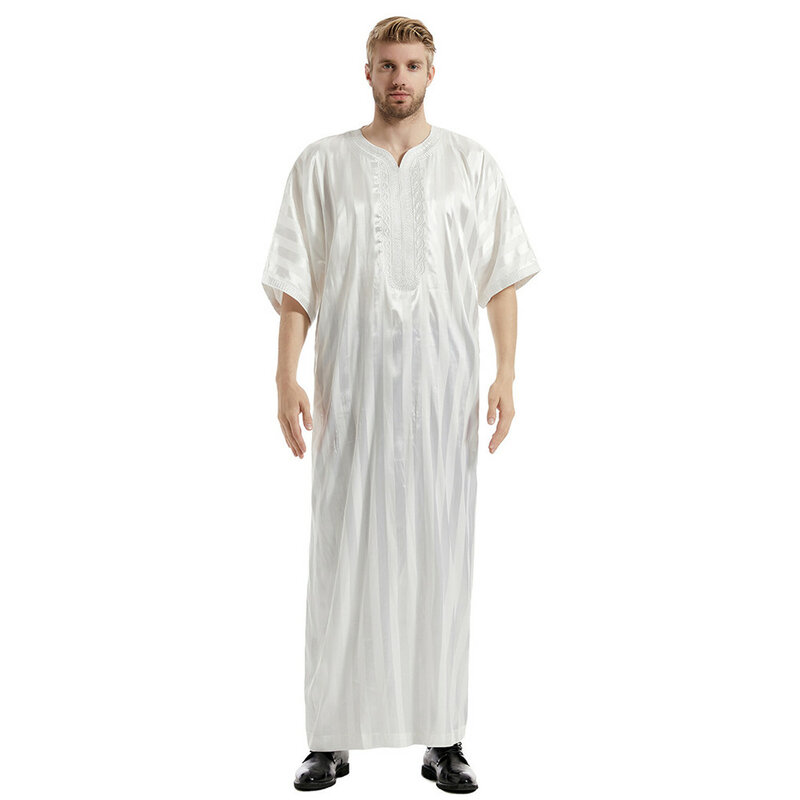Ramadan Muslim Dress Abayas Dubai Casual Kaftan Satin Robe Stripes Islamic Costume Short Sleeve Jubba Thobe for Mens Middle East