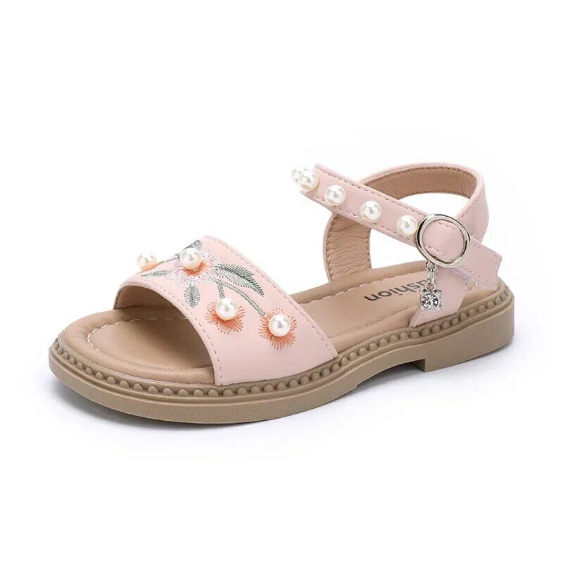 Sandal anak untuk anak perempuan, sandal datar serbaguna modis mutiara elegan bordir manis putri musim panas