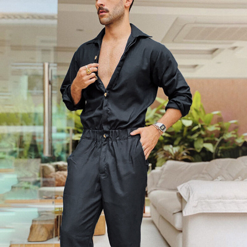 Men's Coveralls Autumn Long Sleeve New Thin Fashion Rompers Lapel Solid Color Jumpsuit Trend Men Clothes