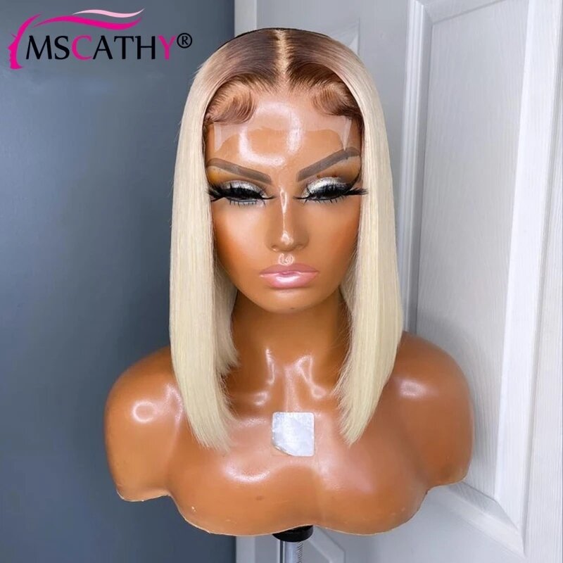 Blonde Remy Human Hair Short Bob Wig Ombre Honey Glueless Transparent HD Lace #4T613 Pixie Cut 13x4 Frontal Wigs Ready To Wear