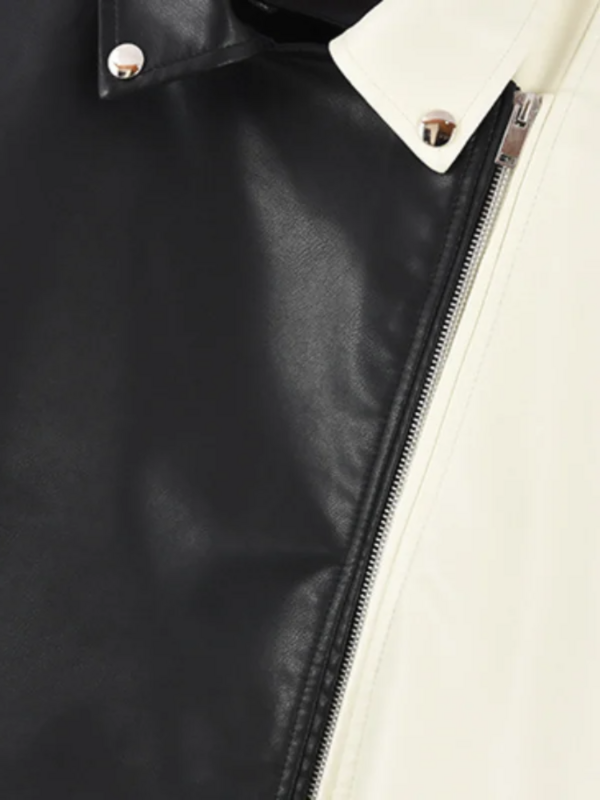 Chaqueta de cuero PU para mujer, abrigo de Color negro y blanco, con cuello vuelto chaqueta de motociclista, otoño