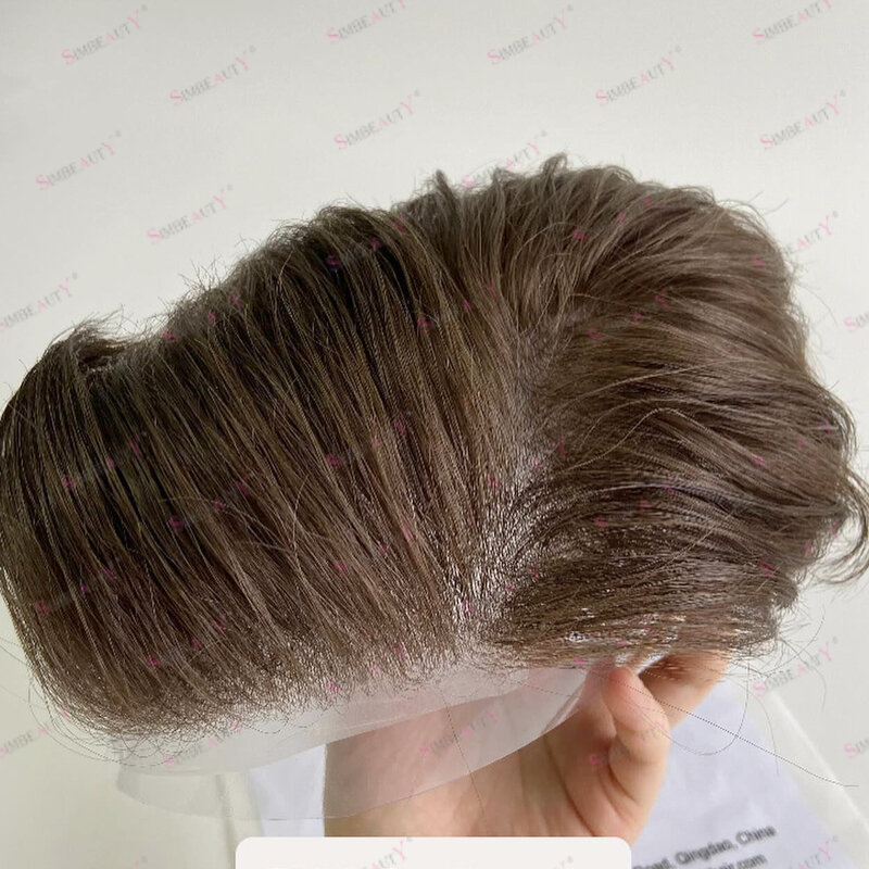 Светильник Коричневый мужской парик, 100% человеческие волосы, мужские парики, замена незаметной кожи Miscro 0,06 мм, волосы для мужчин