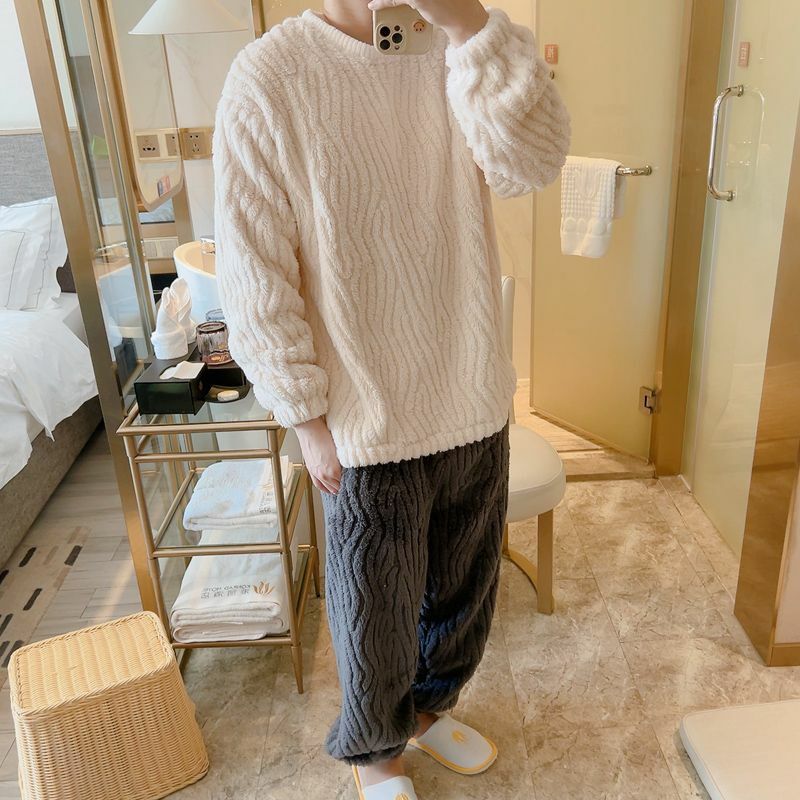 Conjunto de pijama de lana de Coral para hombre, ropa de casa de manga larga, cálida y gruesa, Color sólido, cuello redondo, moda de invierno, 2 piezas