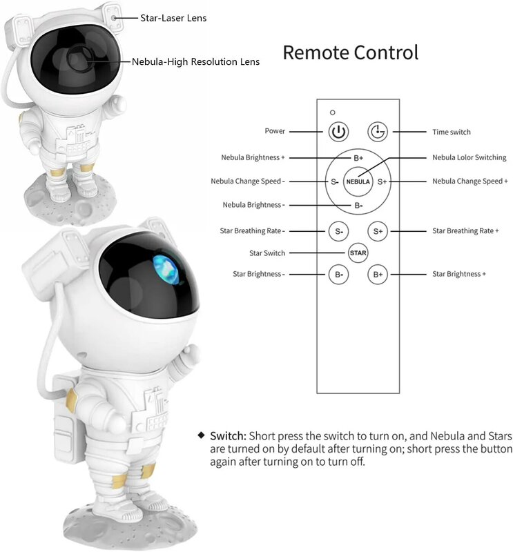 Kids Gift Astronaut Star Projector Night Light com Controle Remoto 360 Design Ajustável Quarto Nebula Galaxy Projector Lights