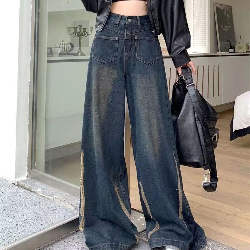 Винтажные мешковатые джинсы Deeptown Y2k, женские корейские свободные джинсовые брюки с широкими штанинами, модные американские уличные брюки с завышенной талией