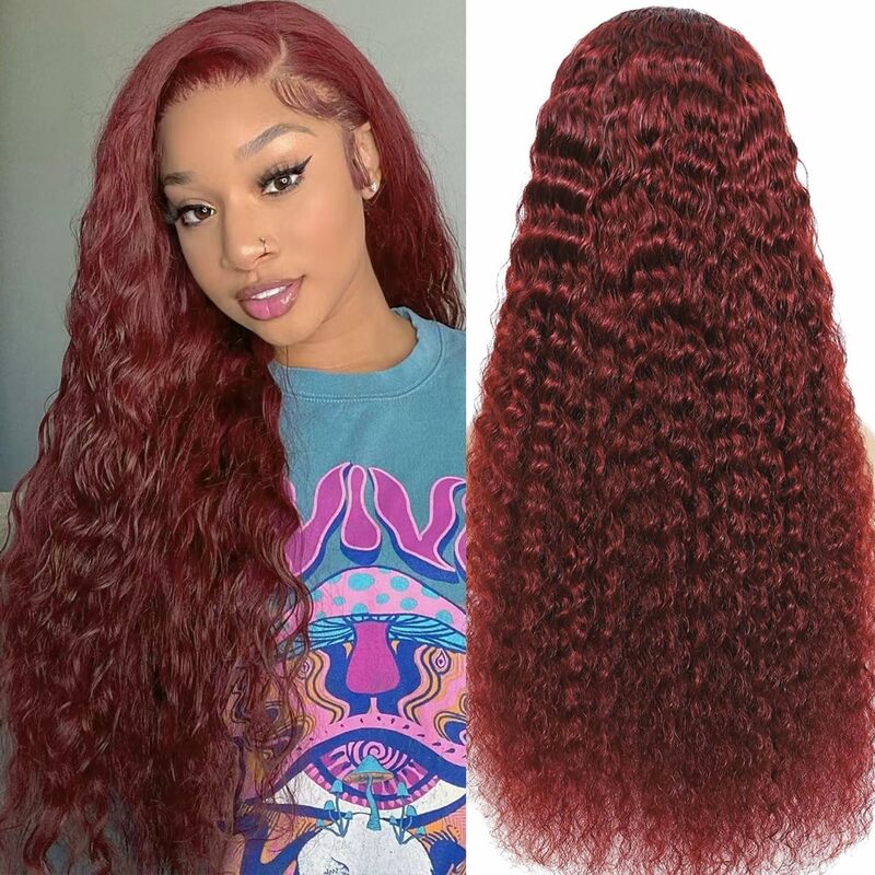 Reddish Brown Curly Lace Front Wig Human Hair HD Transparent Lace Front Wig Reddish Brown Deep Wave Brazilian Human Hair Wigs