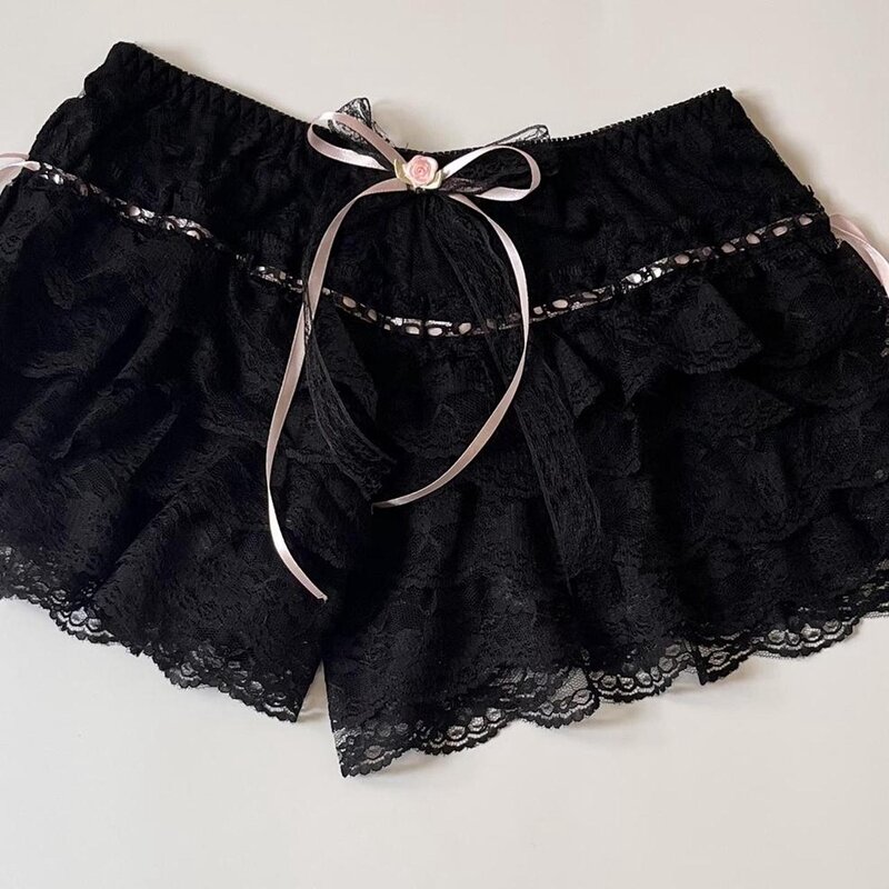 Domek kokietka Y2K 00s Vintage szorty damskie Kawaii koronki wielowarstwowe spodnie Fairycore Retro Lolita słodkie spodnie