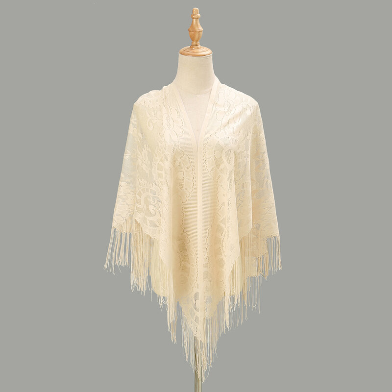New embroidered lace triangle scarf hollow solid color fringed shawl women's classic casual transparent breathable scarf