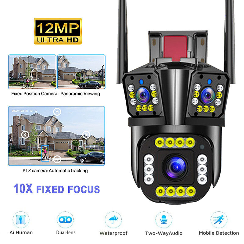 CCTV 12MP 6K 10X Zoom bezprzewodowa kamera zewnętrzna WIFI, kamera bezpieczeństwa 360 stopni, automatyczne śledzenie, połączenie dwukierunkowe, kolor noktowizor