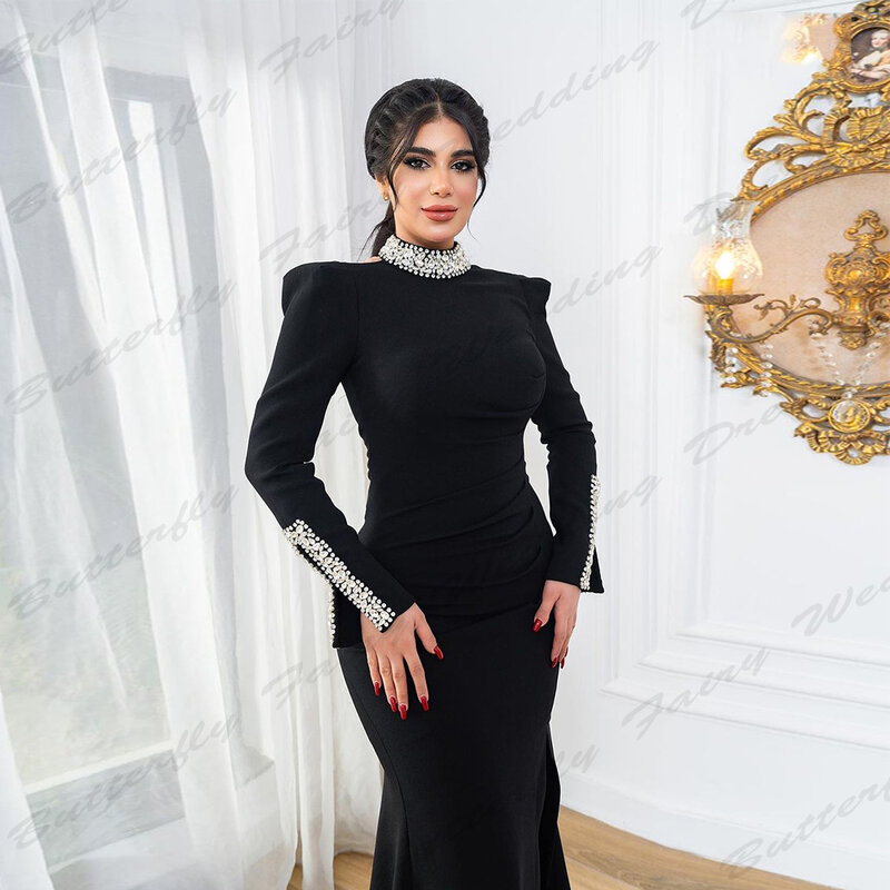 Luxury Mermaid Evening Dresses Beautiful Sparkling Beading Sexy Long Sleeve High Split Formal High Collar Slimming Prom Gowns