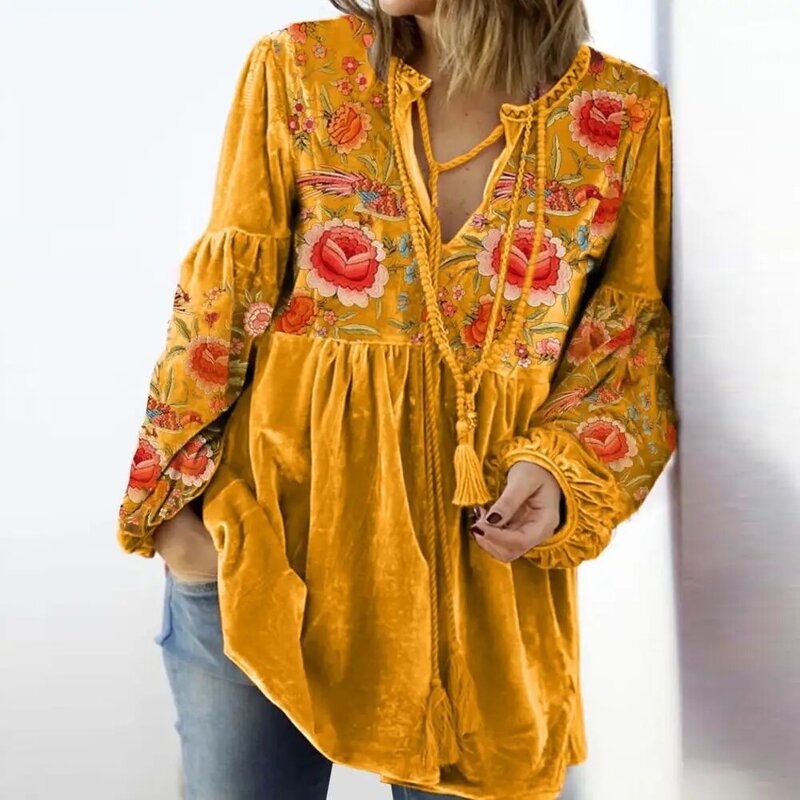 Women Pleated Top Floral Print V Neck Drawstring Blouse for Women Retro Style Long Sleeve Pleated Top with Soft Patchwork Fall