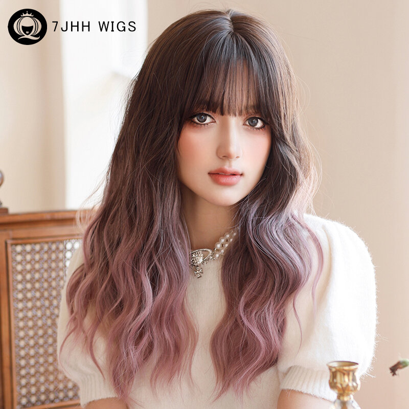 Wig 7JHH Lolita rambut palsu sintetis tubuh bergelombang Wig ungu Ombre dengan akar gelap Wig rambut keriting dengan poni Wig kostum