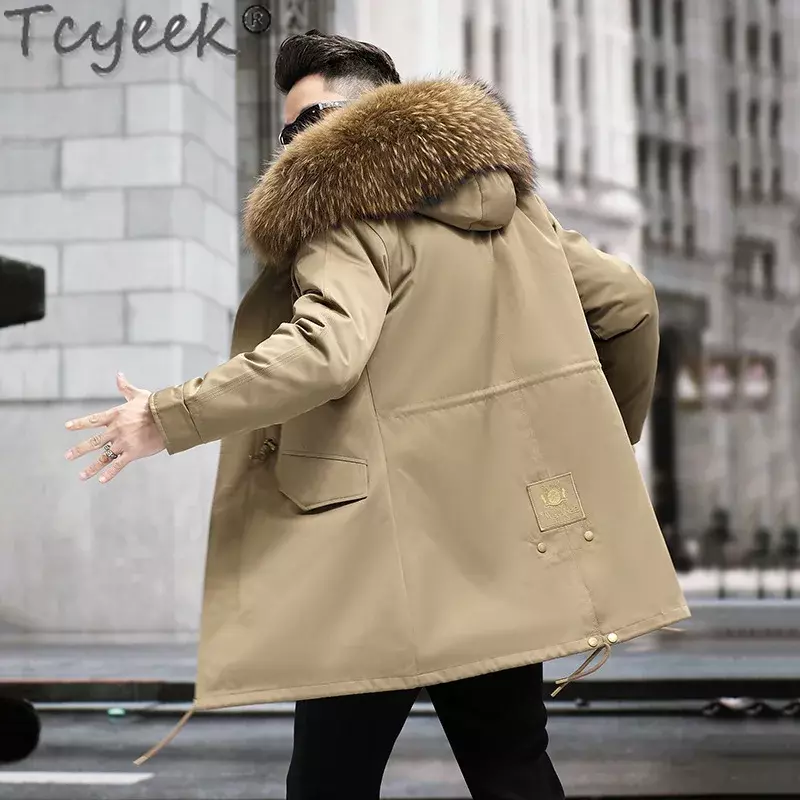Tcyeek-男性用の本物のキツネの毛皮のパーカー,暖かい冬のジャケット,アライグマの犬の毛皮の襟,取り外し可能な裏地の服,ファッショナブル