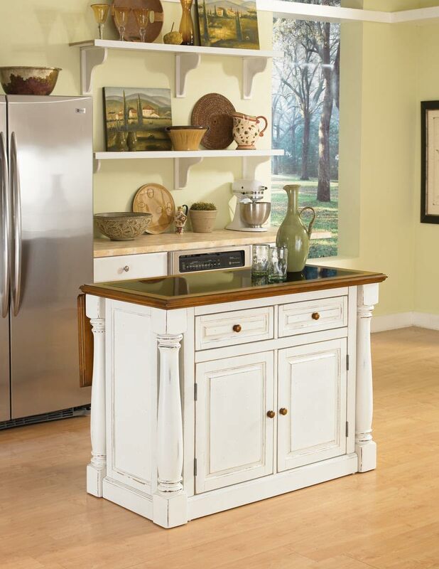 Monarch White Kitchen Island with Distressed Oak Top, Black Granite Top Inset, Hardwood, Breakfast Bar, Two Drawers,