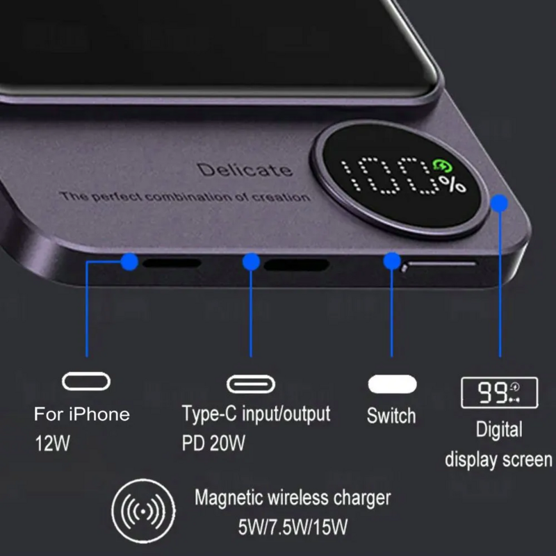 ワイヤレスモバイルバッテリー充電器10000mAh,iPhone 14,13,12用の急速充電パワーバンク,Xiaomi,Samsung,注