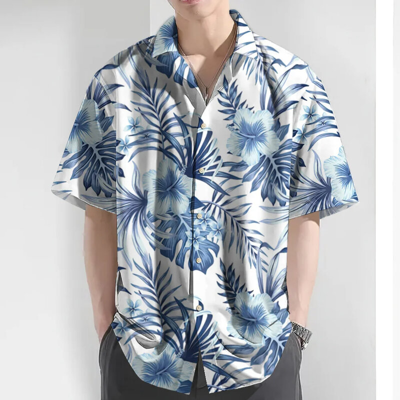 하와이 남성 셔츠 열대 식물 패턴 3D 프린트 탑, 여름 패션, 휴일 반팔 셔츠, 라펠 단추 스트리트웨어