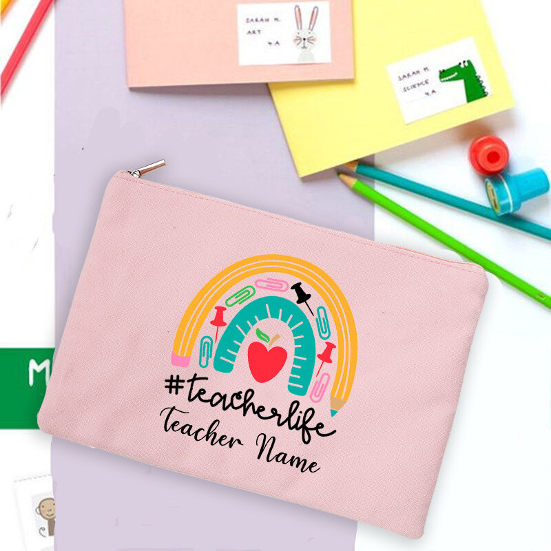 Astuccio per matite con stampa arcobaleno insegnante personalizzato nome personalizzato articoli di cancelleria borse di stoccaggio borsa da viaggio borsa per trucco regali