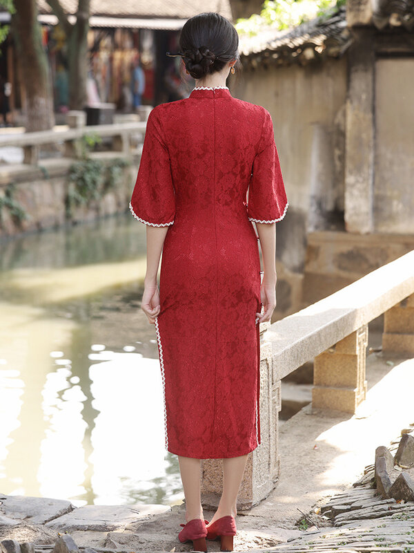 Vestido cheongsam de tecido de renda feminino, gola Jacquard com emenda, vestidos Qipao estilo chinês, moda outono 2024