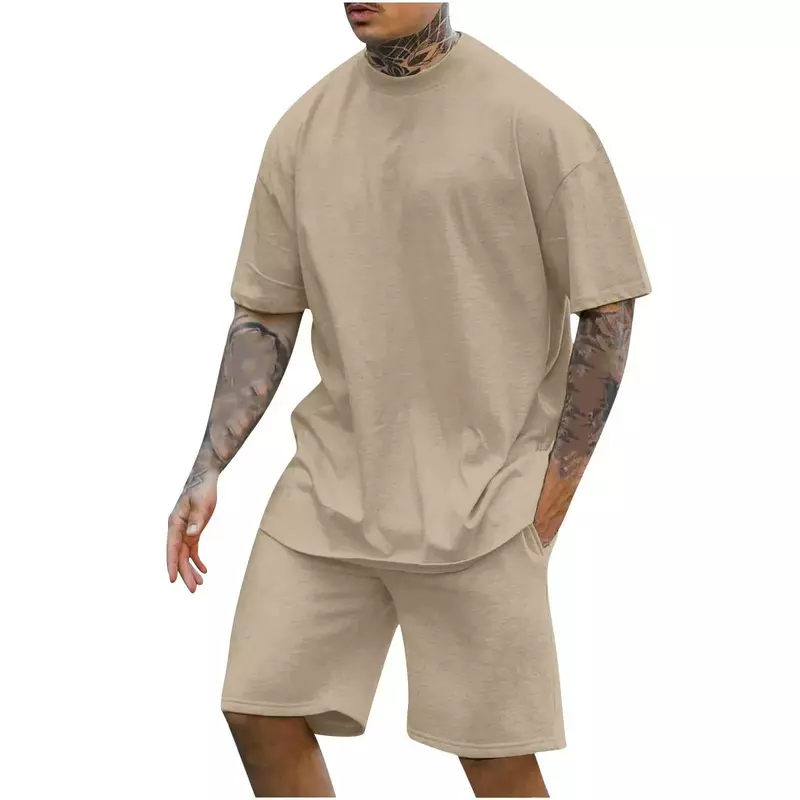 Camiseta e shorts de manga curta com gola em o masculino, conjuntos casuais de moletom simples, monocromáticos, terno de duas peças, verão
