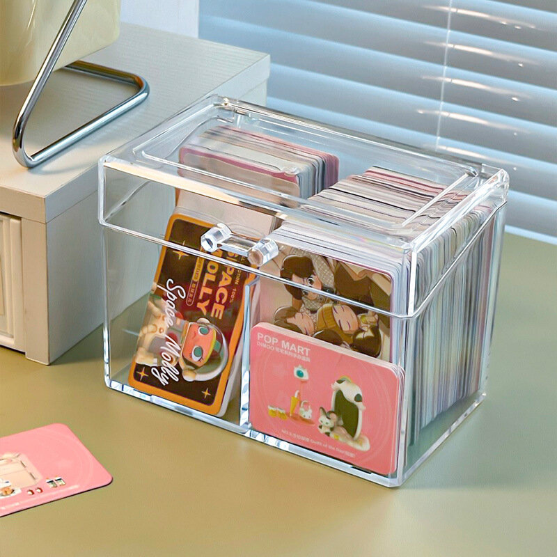Kotak penyimpan transparan akrilik, kotak penyimpanan transparan kartu Kpop, kotak foto, kartu bisnis, kompartemen, kotak Flip-Top