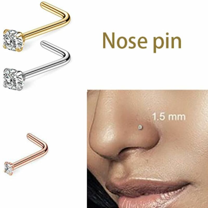 L Shape Nose Stud Stainless Steel Piercing Bar CZ Crystal Straight Stud Nose Ring Nose Retainers Pin Nostril Piercing Jewelry
