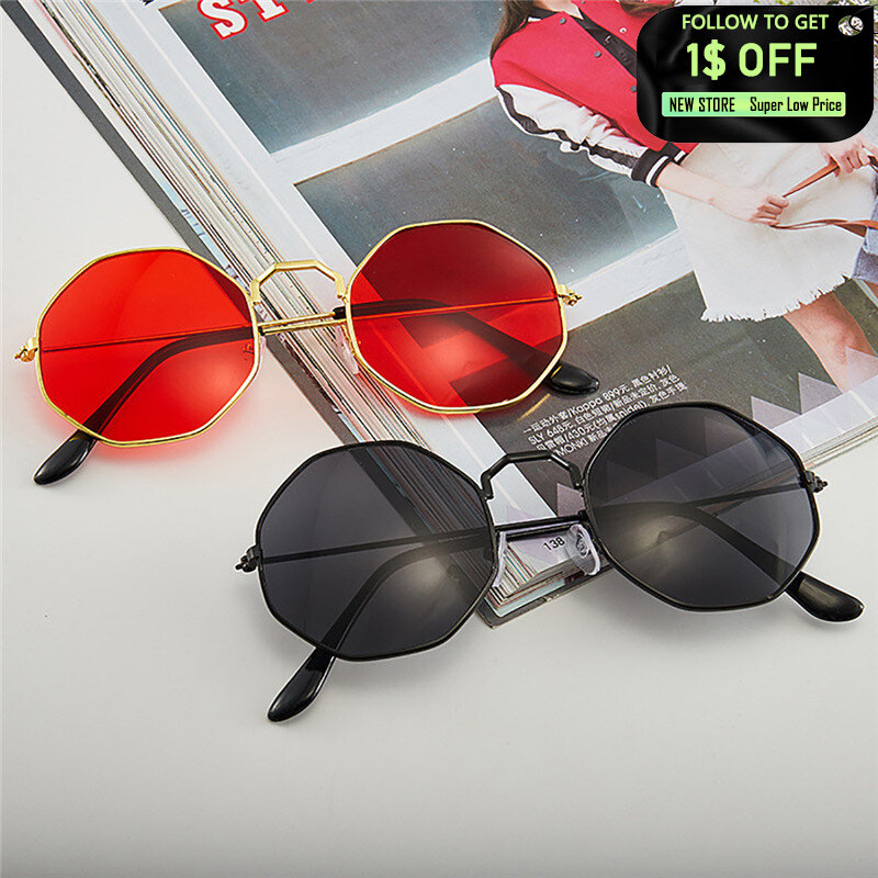 Vintage octogonal Alloy Frame Sunglasses, retro Frame redondo, lente colorida Sun Shade Glasses, estilo coreano