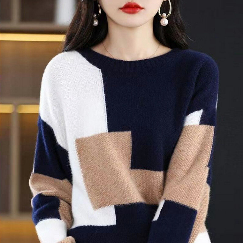 2024 Large Size Knitwear Loose Thin Autumn And Winter Jumper Female Color Matching Warm Sweater Casual Fashionable Base Shirt