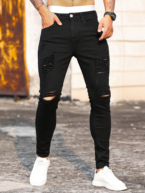 Wiosenne męskie czarne podarte obcisłe dżinsy rurki modne smukłe Hip hopowe spodnie jeansowe dżinsy dla mężczyzn do biegania dżins Homme
