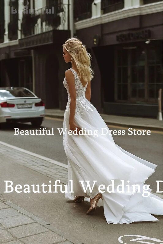 Vestido de novia sencillo con hombros descubiertos para mujer, vestido de novia con flores, línea A, satén liso puro, vestido de novia dividido blanco, nuevo