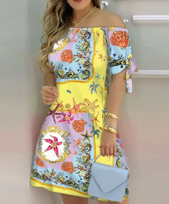 여성용 섹시한 오프 숄더 미니 원피스 반팔 활 타이 줄무늬 꽃 프린트 드레스, 캐주얼 루즈 원피스, 여름 패션