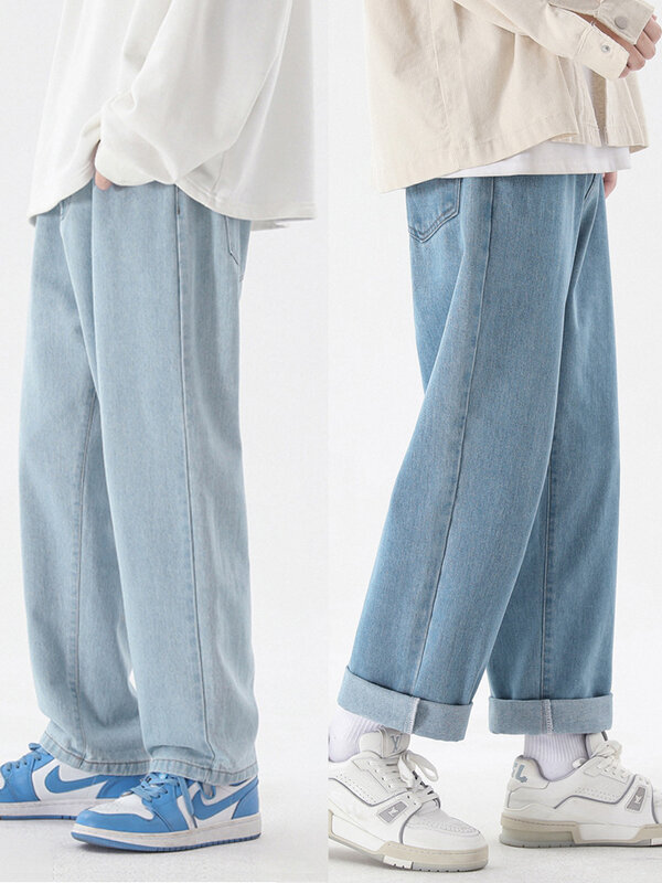 Celana Jeans panjang sepergelangan kaki pria, celana Denim lurus klasik kasual Mode Korea biru muda abu-abu hitam 3XL 2023