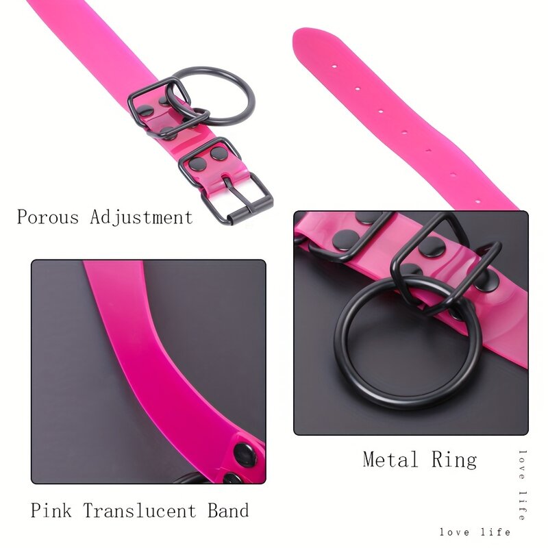 Pink PVC Collar with Black Metal Pandent Ring Decoration Necklace Alternative Roleplay Game Adult Sex Toys for Women and Couples