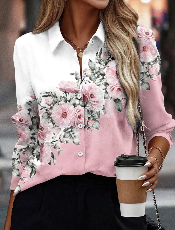 Camisa de manga comprida feminina, estampada em duas cores, blusas soltas, casual e elegante, moda, verão, 2024