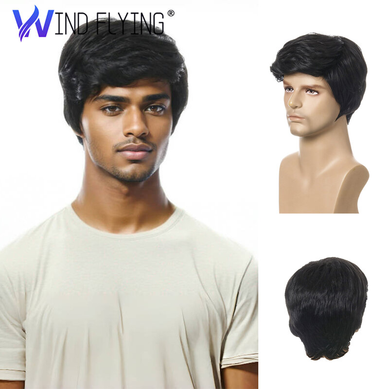 Modna peruka krótki czarny męskie proste peruka syntetyczna dla mężczyzn realistyczne naturalne peruki z czarnym tupetem