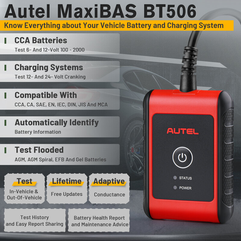 เครื่องมือวิเคราะห์ระบบไฟฟ้าและแบตเตอรี่รถยนต์ของ BT506 Autel Maxibas ของแท้ทำงานร่วมกับแท็บเล็ต autel
