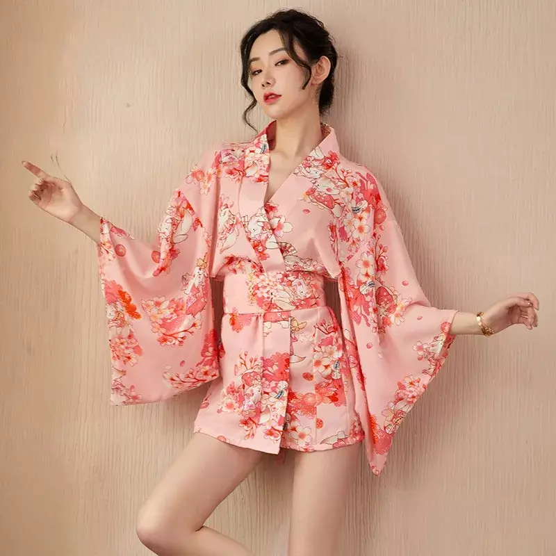 Sexy Roze Japanse Kimono Badjas Jurk Print Bloem Mini Yukata Haori Nachtjapon Intieme Lingerie Chiffon Tuniek Kimono Uniform