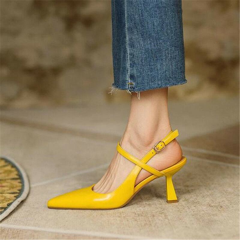 Zapatos de tacón alto para mujer, sandalias clásicas de punta estrecha con hebilla de aguja, elegantes, de carrera, color liso, primavera y verano