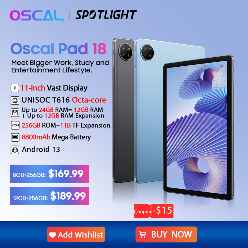 Oscal Pad 18 Tablet, Android 13, 24GB, 12 + 12, 256GB, 11 "FHD + Display, Núcleo Octa, Bateria 8800mAh, Câmera 13MP, 4G, PC, estreia Mundial