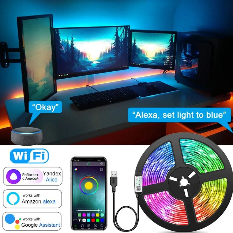 Wifi LED Strip Lights Music Sync RGB 5050 LED Tape Alexa Smart Lights Strip per la decorazione della stanza delle feste retroilluminazione TV